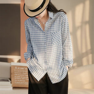 Áo sơ mi linen dài tay cổ đức kẻ caro một túi vuông - NU8493