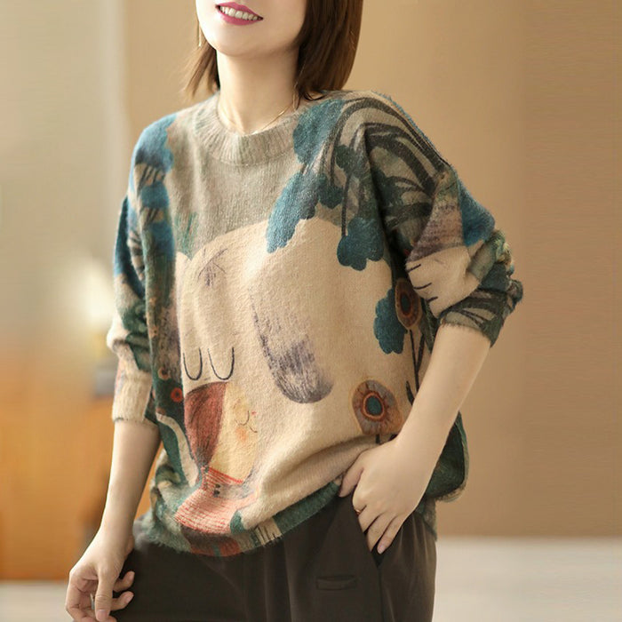 Áo len cashmere dài tay vẽ cô gái và chú cún - NU6170