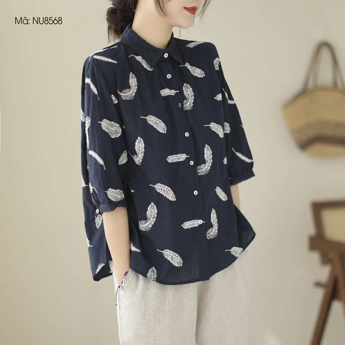 Áo sơ mi linen tay lửng cổ đức thêu retro in lông vũ - NU8568