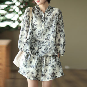 Bộ đồ linen gồm áo hoodies dài tay và quần sooc in hoa văn - NU7074