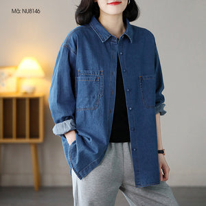 Áo sơ mi denim dài tay cổ đức form dài ba túi kiểu - NU8146