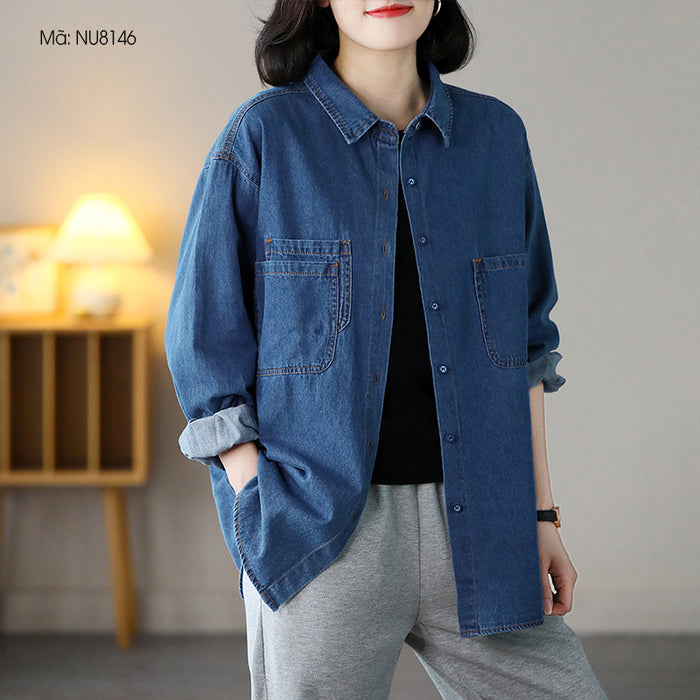 Áo sơ mi denim dài tay cổ đức form dài ba túi kiểu - NU8146