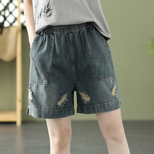 Quần sooc denim lưng thun túi vuông kiểu sờn rách - NU7119