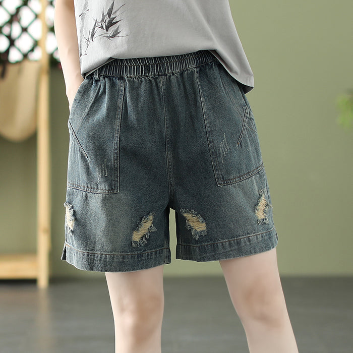 Quần sooc denim lưng thun túi vuông kiểu sờn rách - NU7119