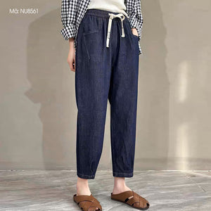 Quần baggy denim lưng thun dây rút ống côn xếp ly - NU8561