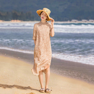 Đầm liền linen ngắn tay cổ đứng khuy lệch thêu hoa lá - NU8372
