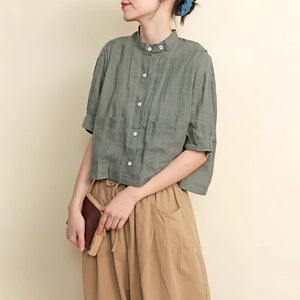 Áo sơ mi linen ngắn tay cổ đứng hai túi vuông  - NU7418