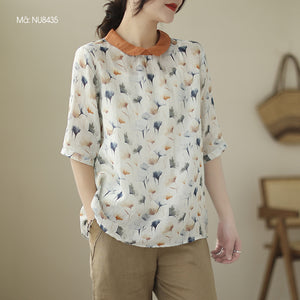 Áo sơ mi linen ngắn tay cổ pipi phối màu khuy sau in hoa lá - NU8435