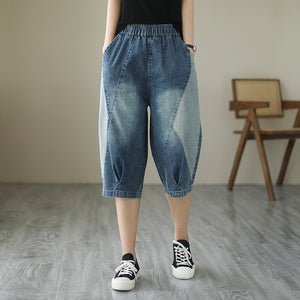 Quần baggy lửng denim lưng thun mảng màu - NU8297