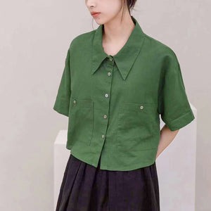 Áo sơ mi linen ngắn tay cổ sen nhọn hai túi vuông - NU7511