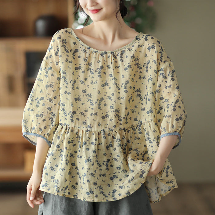 Áo T-shirt linen ngắn tay cổ tròn thắt nơ sau in hoa lá - NU7406