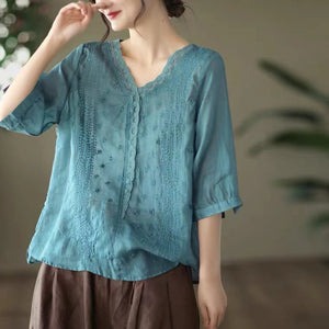 Áo sơ mi linen ngắn tay cổ V thêu ren và dây leo - NU7050