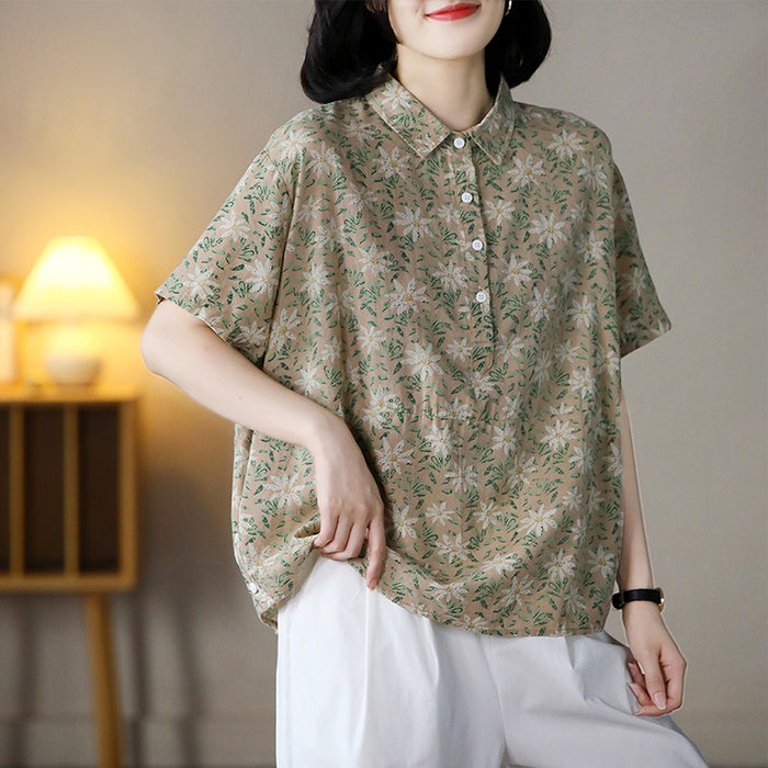 Áo sơ mi linen ngắn tay cổ đức in hoa lá bốn khuy - NU7537