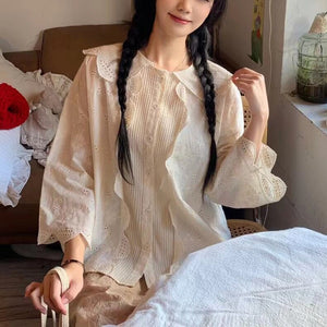 Áo sơ mi linen Morigirl dài tay thêu hoa lá đính ren  - NU8320