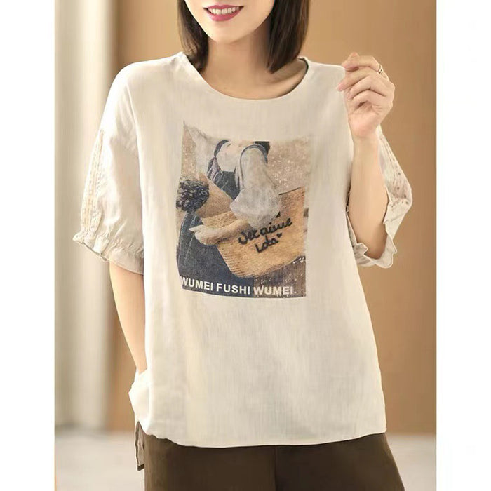 Áo T-shirt linen ngắn tay cổ tròn in cô gái - NU7503