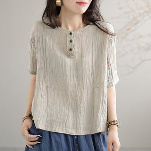 Áo T-shirt linen ngắn tay cổ tròn bốn khuy - NU7421
