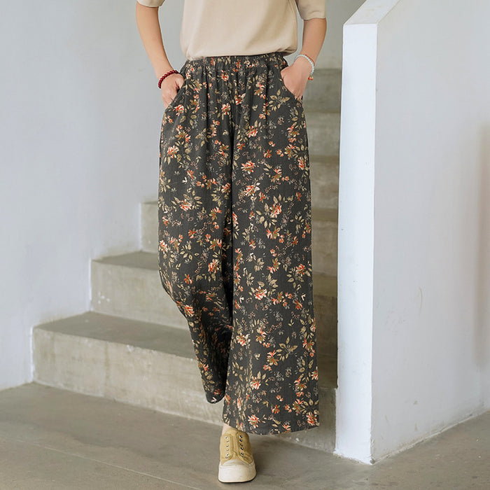 Quần baggy lưng thun ống rộng hai túi chéo in hoa lá - NU7044