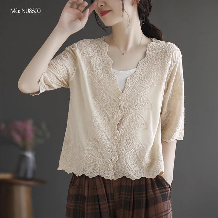 Áo khoác cardigan linen ngắn tay thêu hoa văn cổ V - NU8663