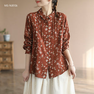 Áo sơ mi linen dài tay cổ đức xếp ly in hoa lá - NU8106