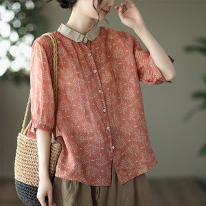 Áo sơ mi linen ngắn tay cổ pipi phối màu in những nhành cây - NU7506