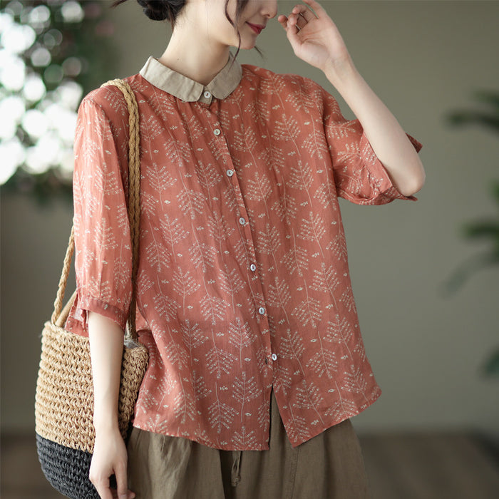 Áo sơ mi linen ngắn tay cổ pipi phối màu in những nhành cây - NU7506