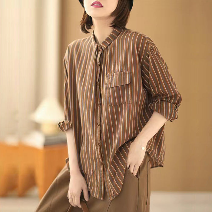 Áo sơ mi dài tay cổ pipi kẻ sọc một túi có nắp - NU7785