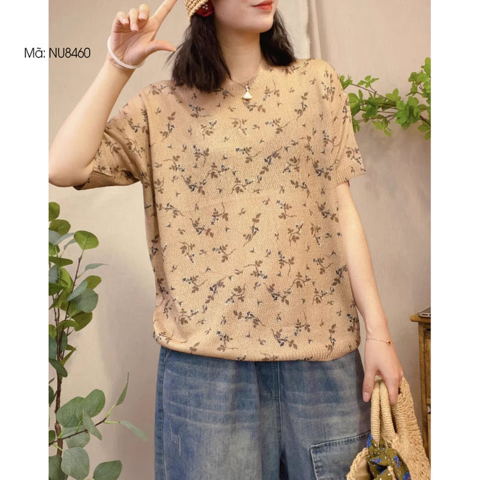 Áo T-shirt ngắn tay dệt kim cổ tròn in hoa lá liti - NU8460