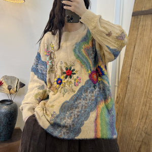Áo len cashmere dài tay cổ tròn form rộng móc hoa màu sắc - NU7795