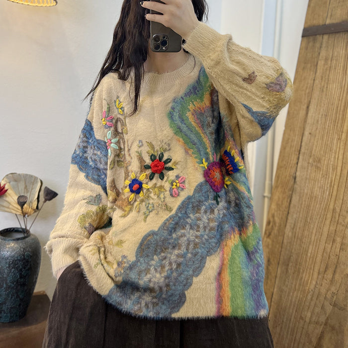 Áo len cashmere dài tay cổ tròn form rộng móc hoa màu sắc - NU7795