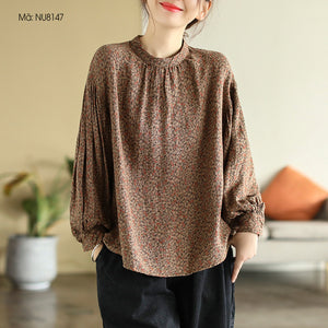 Áo sơ mi linen dài tay cổ tròn in hoa lá liti - NU8147