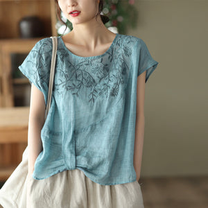 Áo T-shirt linen sát nách cổ tròn thêu hoa văn kiểu lệch tà - NU7297