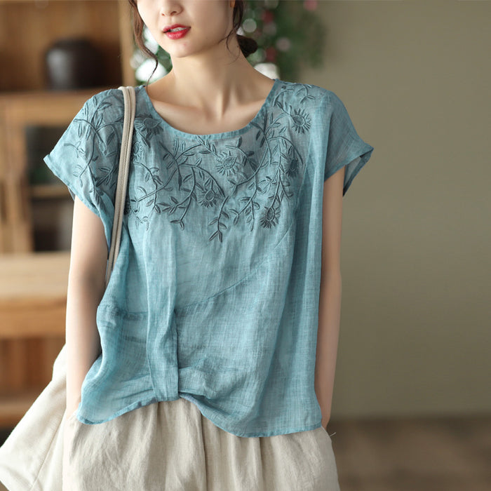 Áo T-shirt linen sát nách cổ tròn thêu hoa văn kiểu lệch tà - NU7297