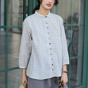 Áo sơ mi linen tay lửng cổ pipi kẻ sọc caro - NU6745