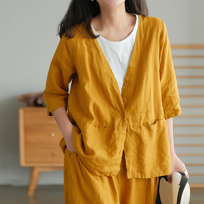 Áo sơ mi linen ngắn tay cổ V form rộng - NU5582