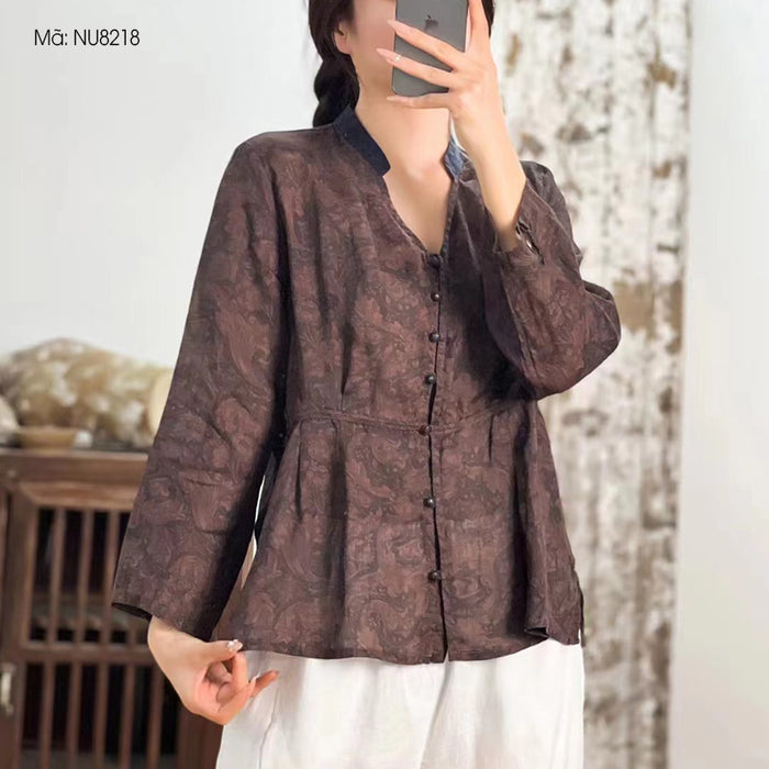 Áo sơ mi linen dài tay cổ V khuy tròn - NU8218