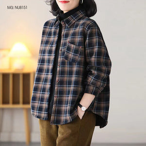 Áo sơ mi retro dài tay cổ đức kẻ sọc caro chần bông - NU8151