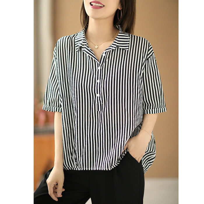 Áo sơ mi linen cổ đức ngắn tay kẻ sọc đứng - NU7065