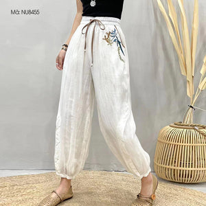 Quần baggy linen lưng thun thêu hoa hoa lá ống túm - NU8455