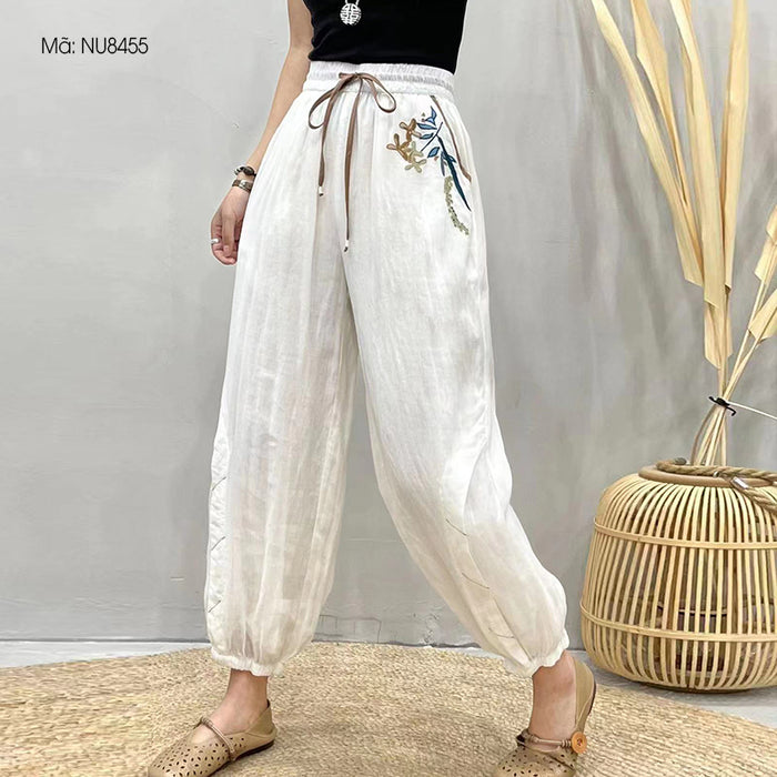 Quần baggy linen lưng thun thêu hoa hoa lá ống túm - NU8455