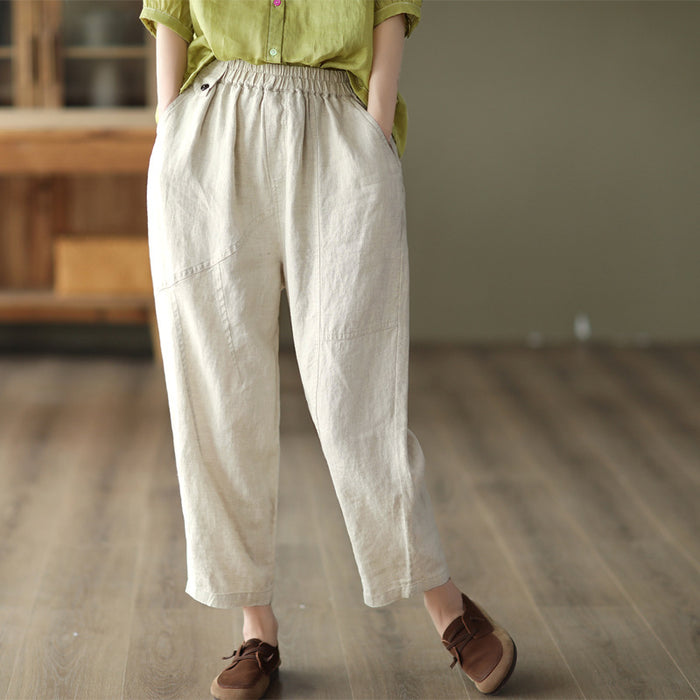 Quần baggy linen lưng thun kiểu đai đính khuy - NU7335