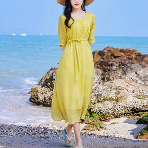 Đầm liền linen ngắn tay cổ tròn thêu bông lúa mạch - OD0738