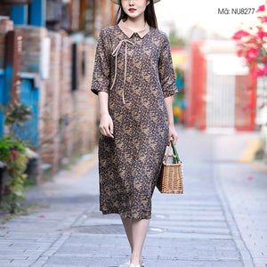 Đầm liền linen ngắn tay cổ pipi khuy chéo in hoa liti - NU8277