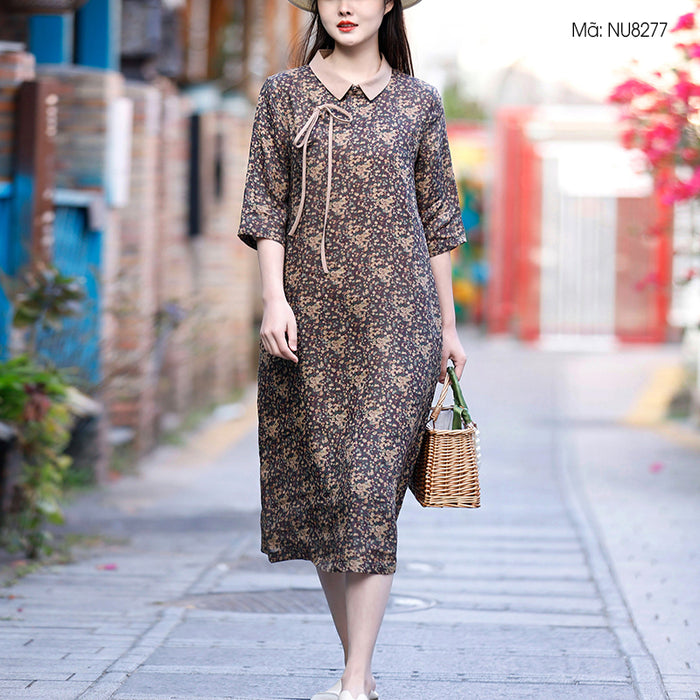Đầm liền linen ngắn tay cổ pipi khuy chéo in hoa liti - NU8277