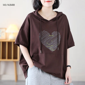 Áo hoodies ngắn tay in hình trái tim có túi - NU8488