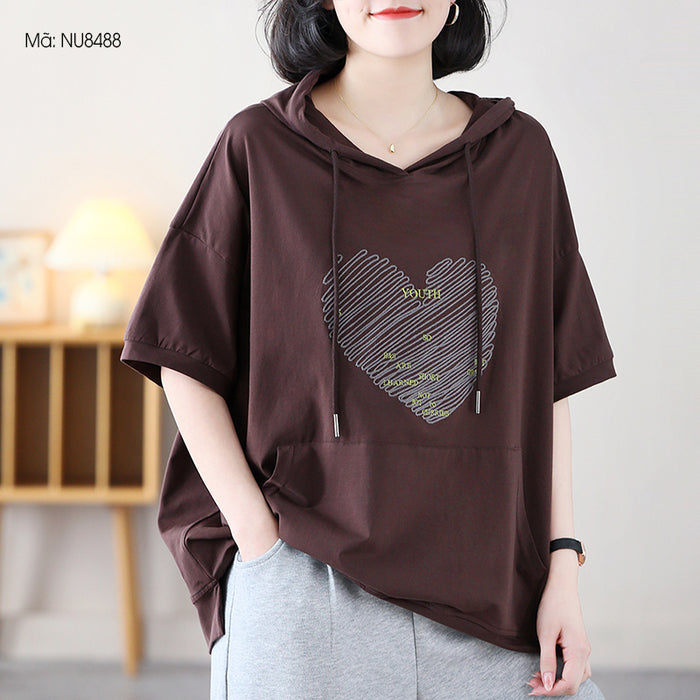 Áo hoodies ngắn tay in hình trái tim có túi - NU8488