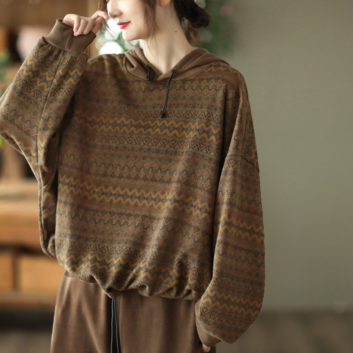 Áo hoodies in hoa văn retro ziczac dây rút - NU8091
