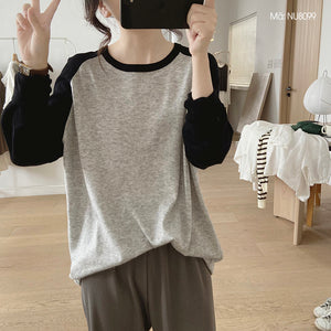 Áo T-shirt dệt kim dài tay phối lệch màu cổ tròn - NU8099