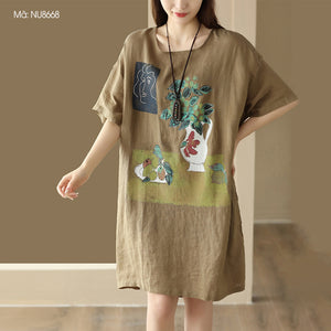 Đầm liền linen ngắn tay cổ tròn in bức tranh tĩnh vật - NU8668