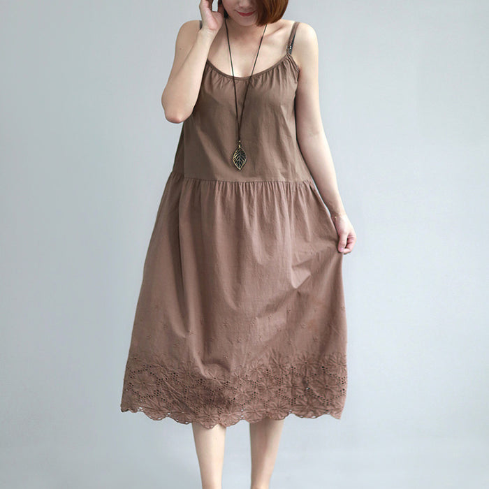 Đầm liền linen hai dây form xòe thêu hoa lá - NU6941