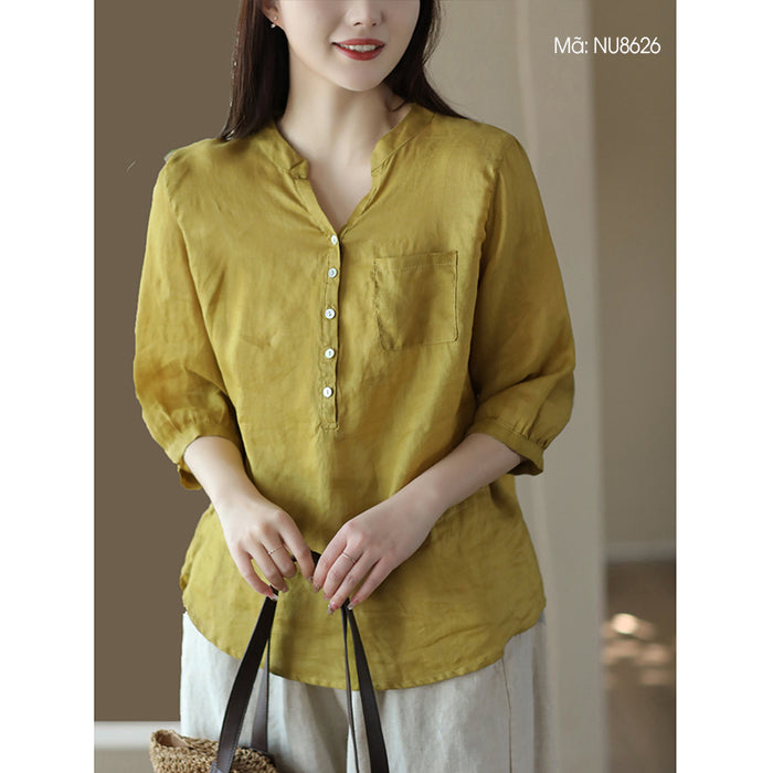 Áo sơ mi linen ngắn tay cổ V một túi vuông - NU8626